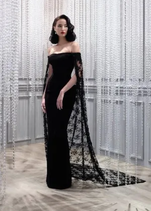 JazzHer Elegant Mermaid Off The Shoulder Black Prom Dresses With Cape Evening Dress (PRE-ORDER)