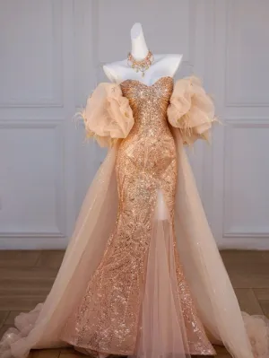 JazzHer Elegant Mermaid Off The Shoulder Sequin Gold Evening Dress Long Slit Prom Dresses (PRE-ORDER)