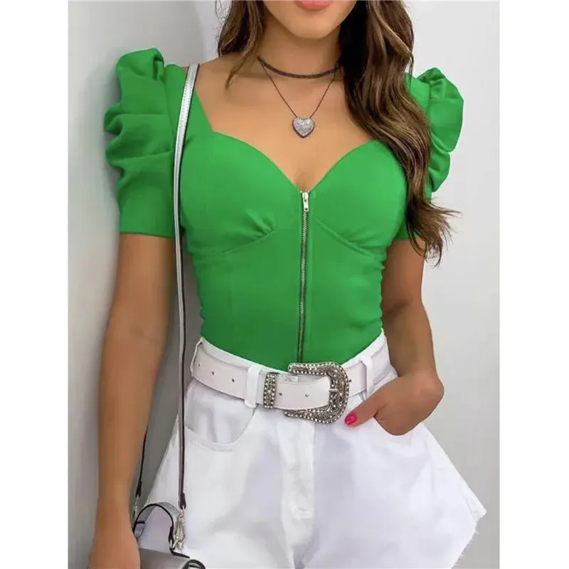JazzHer hirigin Short Puff Sleeve T-shirts Tops Cropped 2024 New Fashion Women V-neck Low Cut Front Zipper Up Push Up T-shirt Elegant
