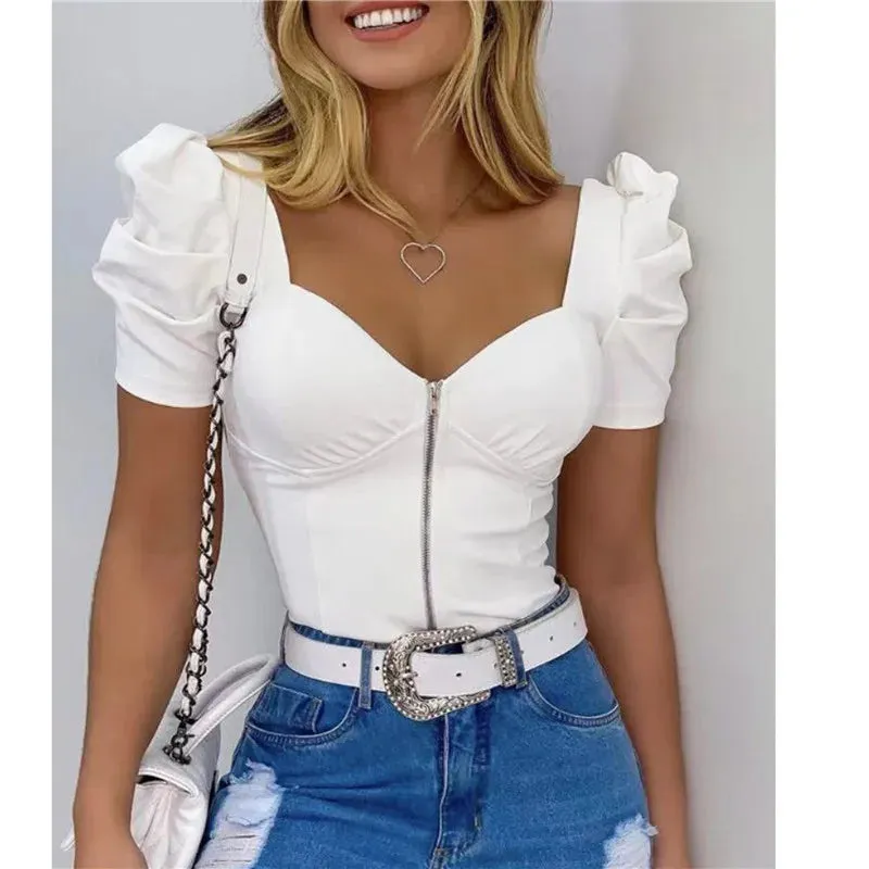 JazzHer hirigin Short Puff Sleeve T-shirts Tops Cropped 2024 New Fashion Women V-neck Low Cut Front Zipper Up Push Up T-shirt Elegant