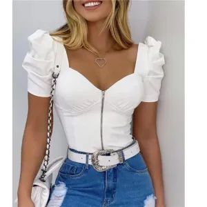 JazzHer hirigin Short Puff Sleeve T-shirts Tops Cropped 2024 New Fashion Women V-neck Low Cut Front Zipper Up Push Up T-shirt Elegant
