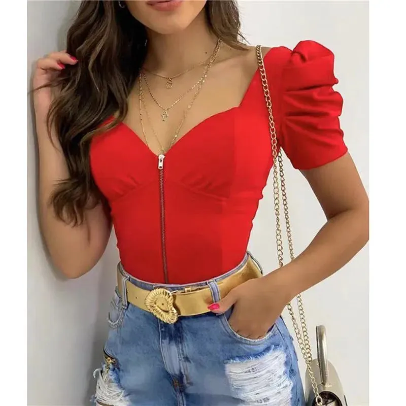 JazzHer hirigin Short Puff Sleeve T-shirts Tops Cropped 2024 New Fashion Women V-neck Low Cut Front Zipper Up Push Up T-shirt Elegant