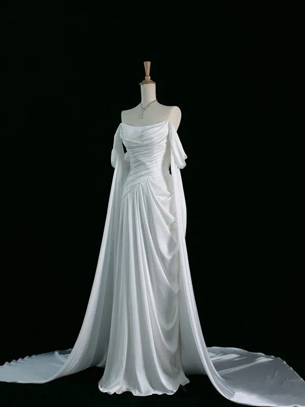JazzHer Pretty A Line Off The Shoulder White Satin Long Prom Dresses Party Evening Dress (PRE-ORDER)