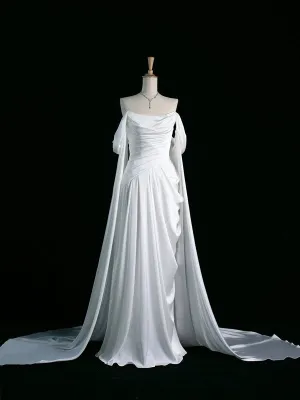 JazzHer Pretty A Line Off The Shoulder White Satin Long Prom Dresses Party Evening Dress (PRE-ORDER)