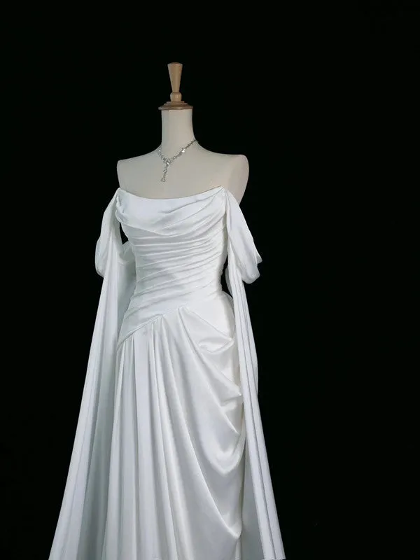 JazzHer Pretty A Line Off The Shoulder White Satin Long Prom Dresses Party Evening Dress (PRE-ORDER)