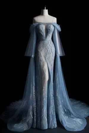 JazzHer Vintage Mermaid Off The Shoulder Long Sleeves Tulle Blue Evening Dress Prom Dresses With Lace (PRE-ORDER)