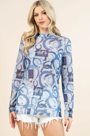 Kennedi Western Horse Shoe Print Semi Sheer Mesh Top