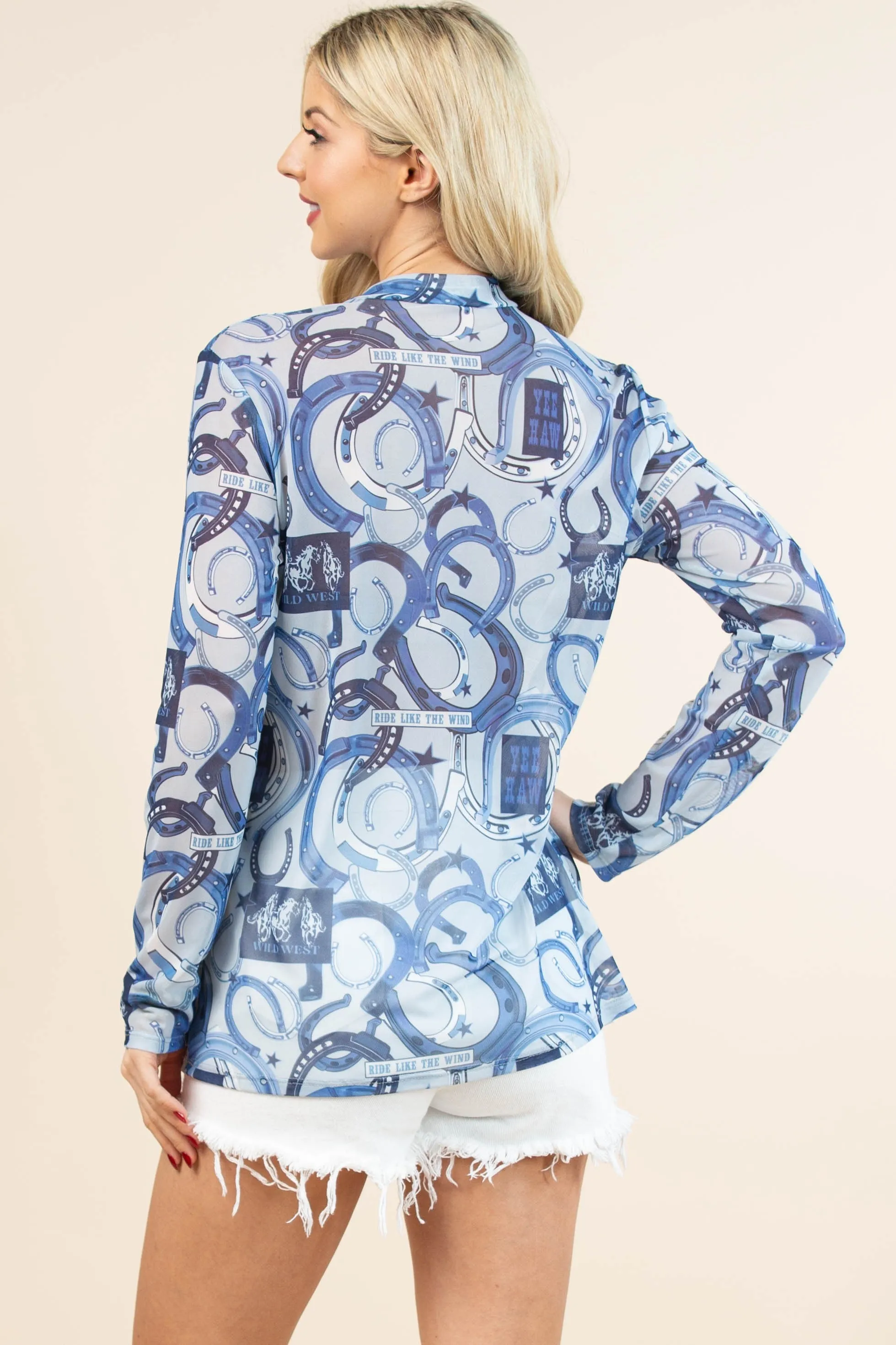 Kennedi Western Horse Shoe Print Semi Sheer Mesh Top