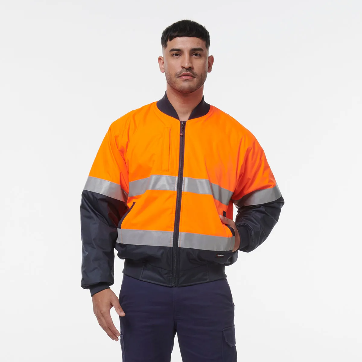 KingGee Men's Reflective Bomber Jacket - Orange/Navy