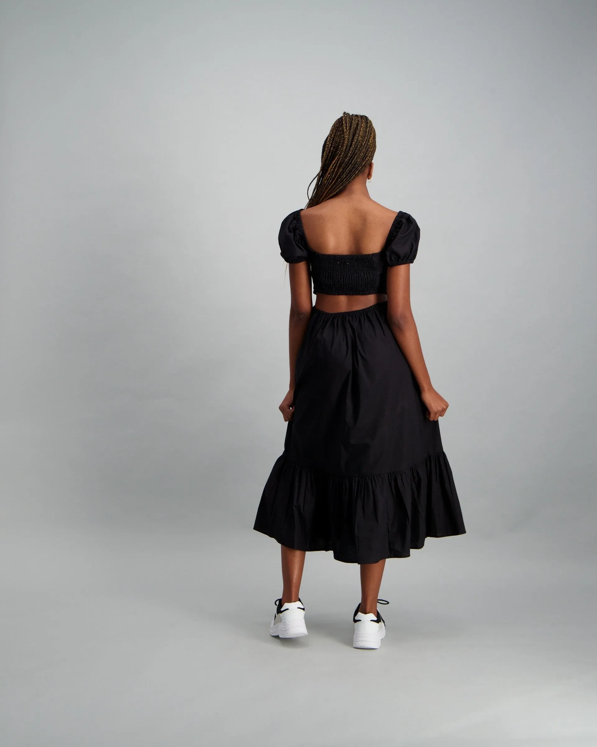 Ladies Black Cotton Poplin Puff Sleeve Tiered Dress - Black