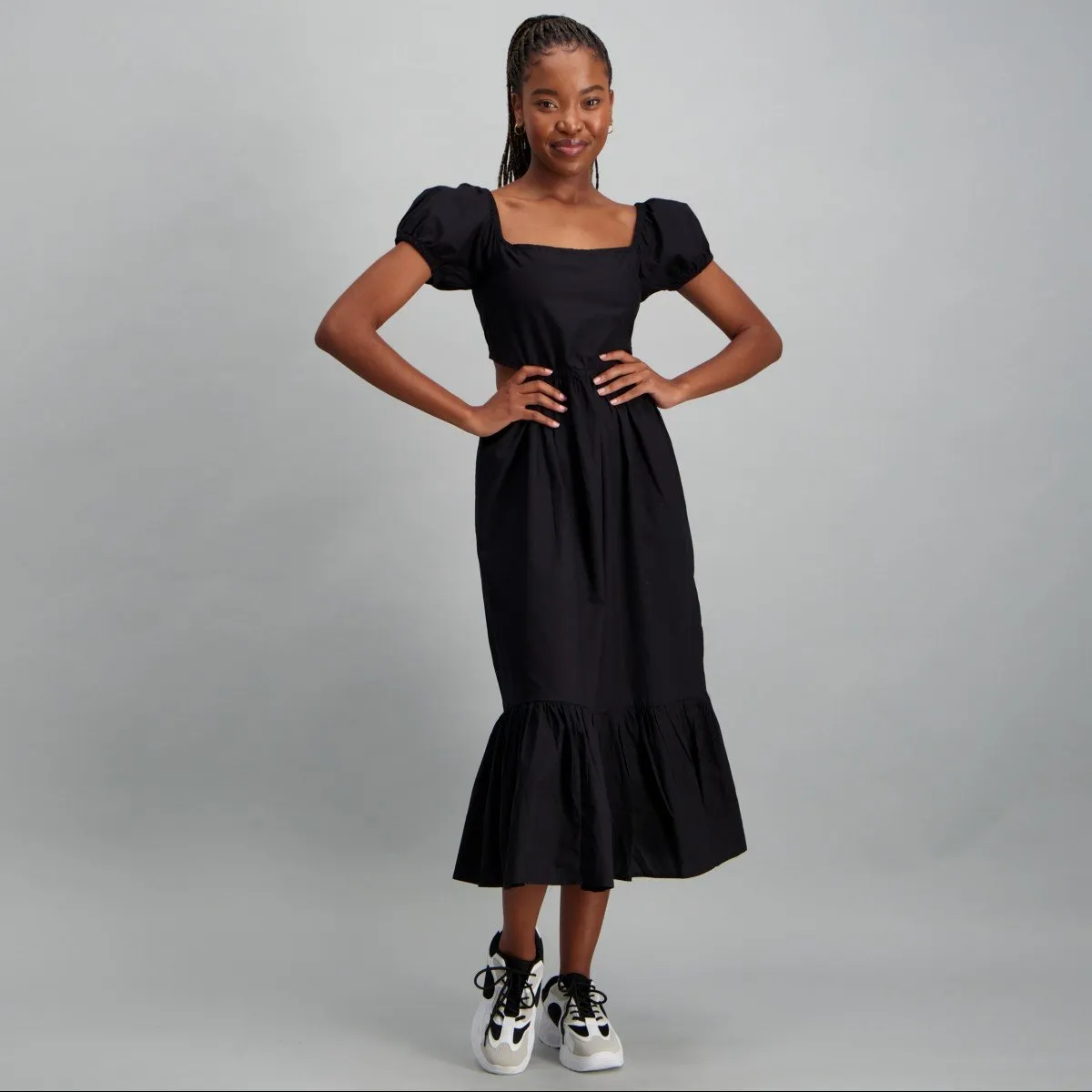 Ladies Black Cotton Poplin Puff Sleeve Tiered Dress - Black
