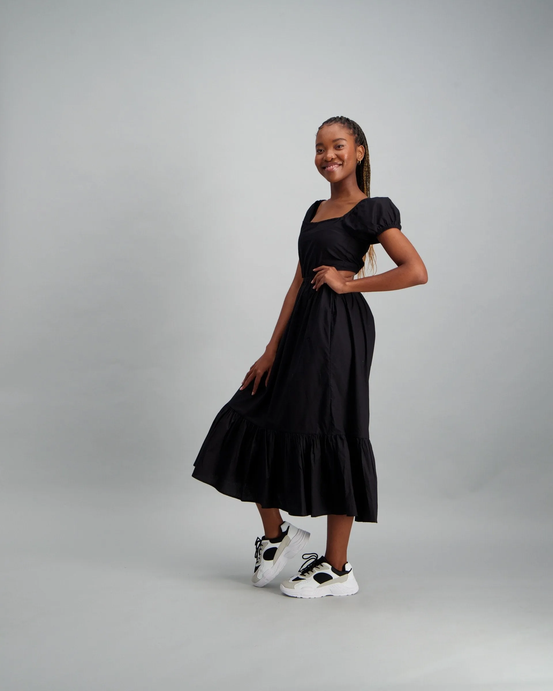 Ladies Black Cotton Poplin Puff Sleeve Tiered Dress - Black