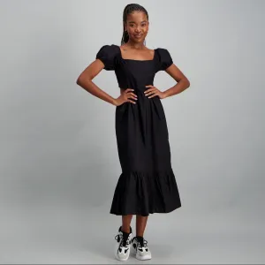 Ladies Black Cotton Poplin Puff Sleeve Tiered Dress - Black