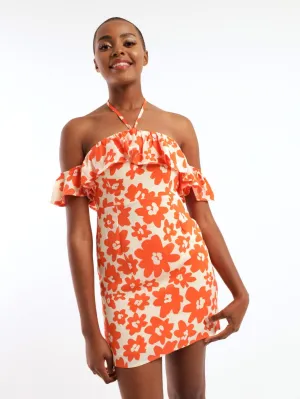 Ladies Off The Shoulder Frill Tie Front Mini Dress - Cream