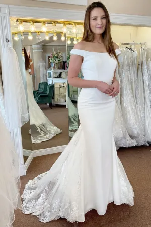 Liberty | White Off the Shoulder Long Mermaid Wedding Dress with Lace Appliques