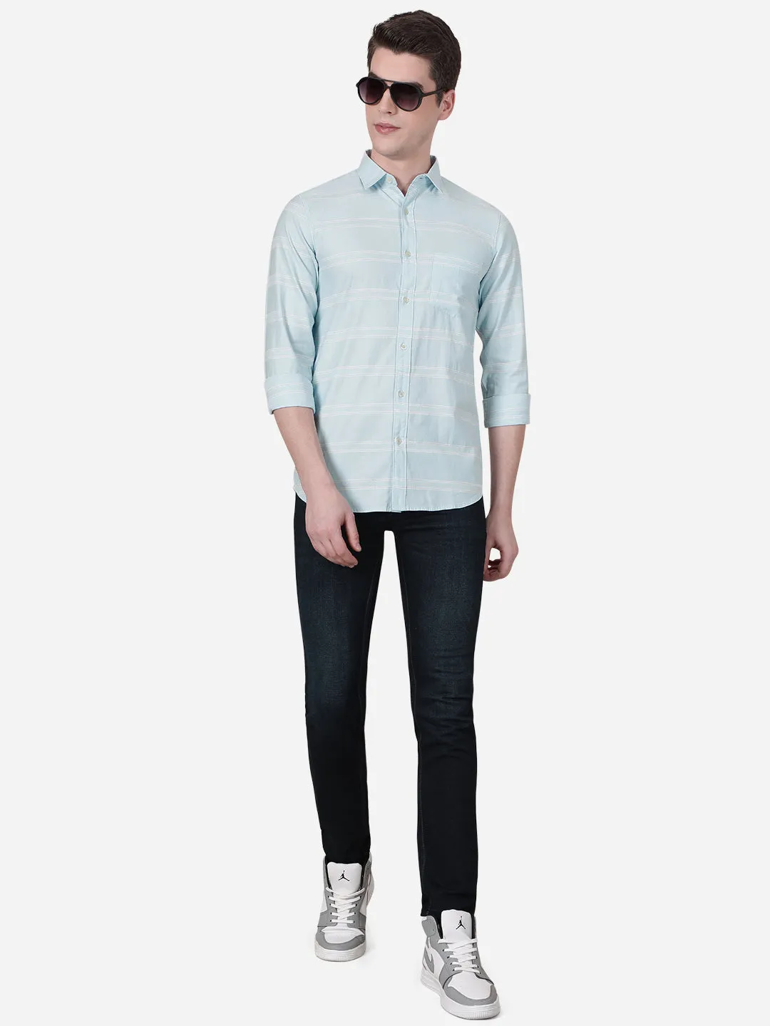 Light Blue Striped Slim Fit Semi Casual Shirt | JadeBlue