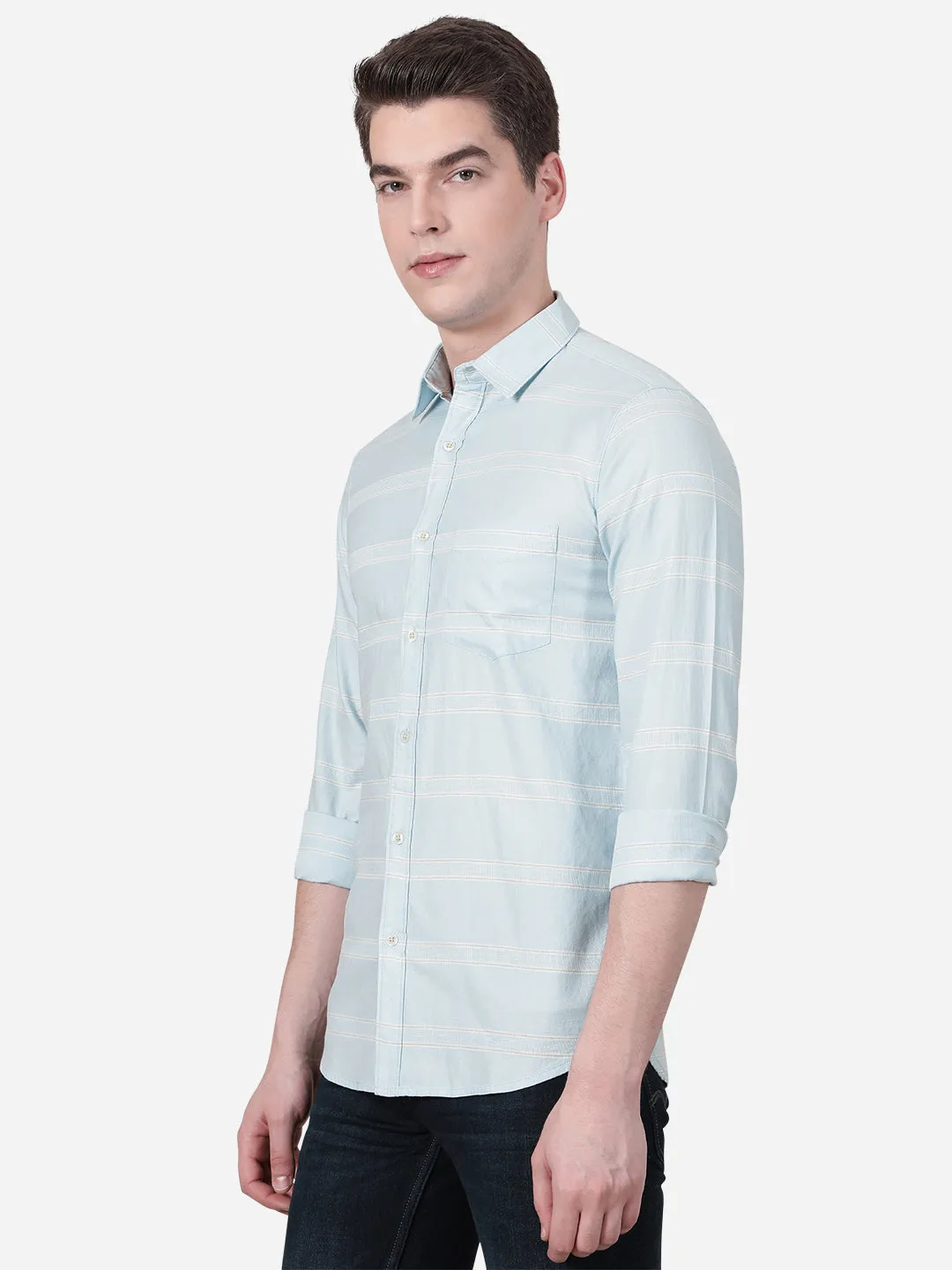 Light Blue Striped Slim Fit Semi Casual Shirt | JadeBlue