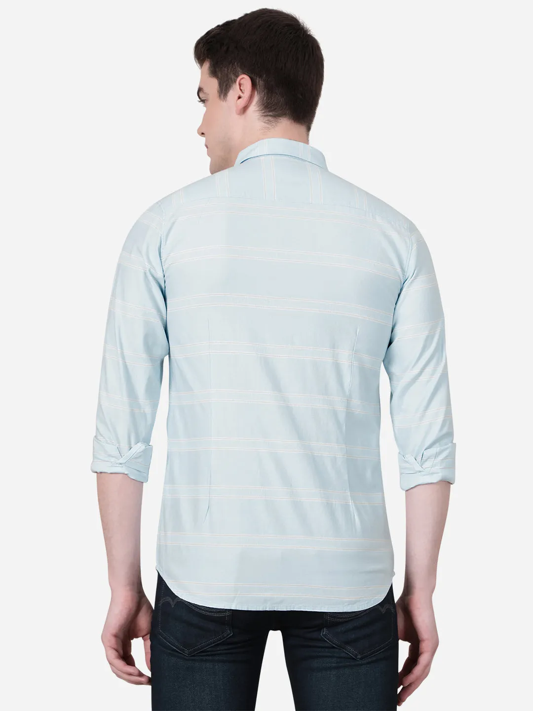 Light Blue Striped Slim Fit Semi Casual Shirt | JadeBlue