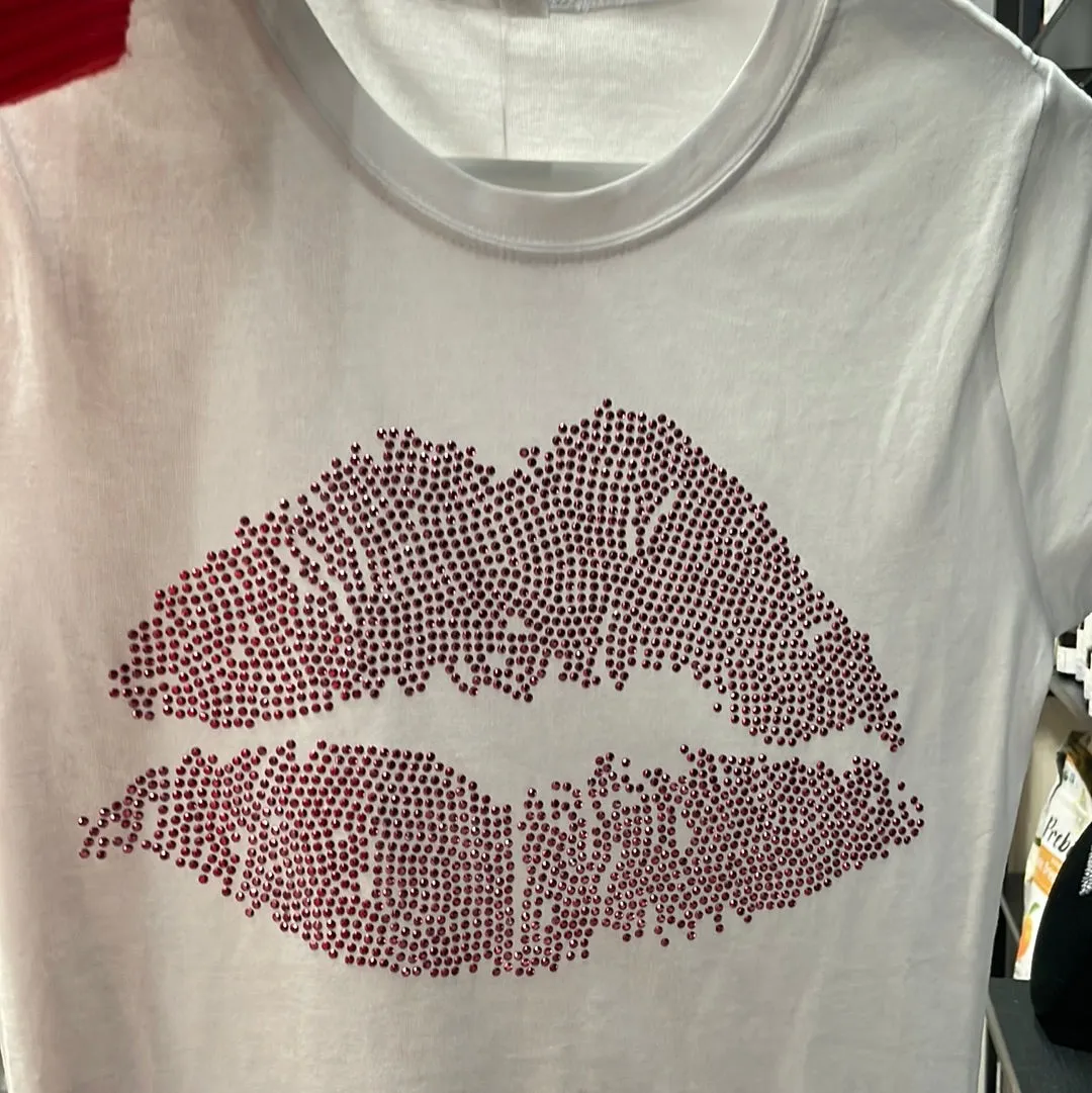 Lips Rhinestones Tee White