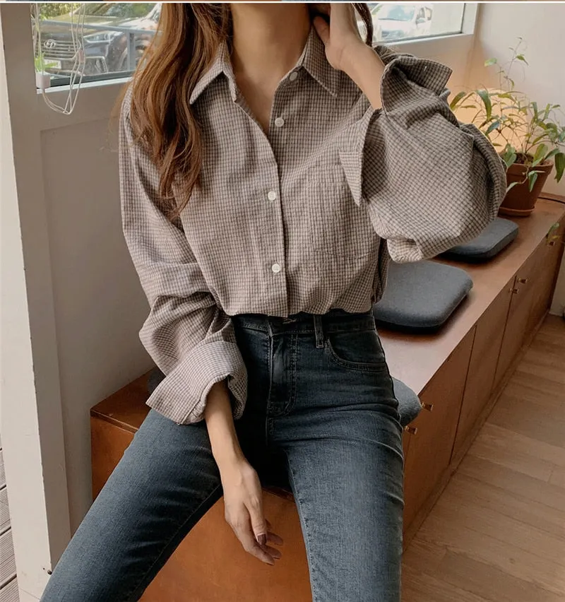Long Sleeve Casual Plaid Style Office Blouse Shirt