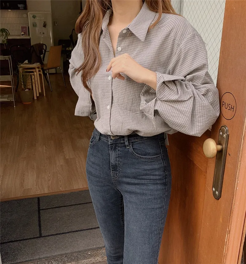 Long Sleeve Casual Plaid Style Office Blouse Shirt