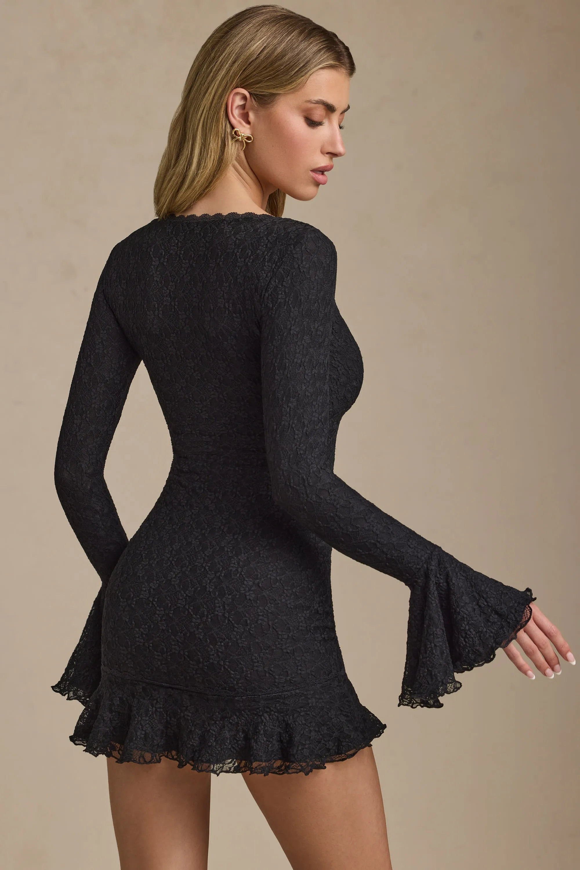 Long-Sleeve Ruffled Lace Mini Dress in Black
