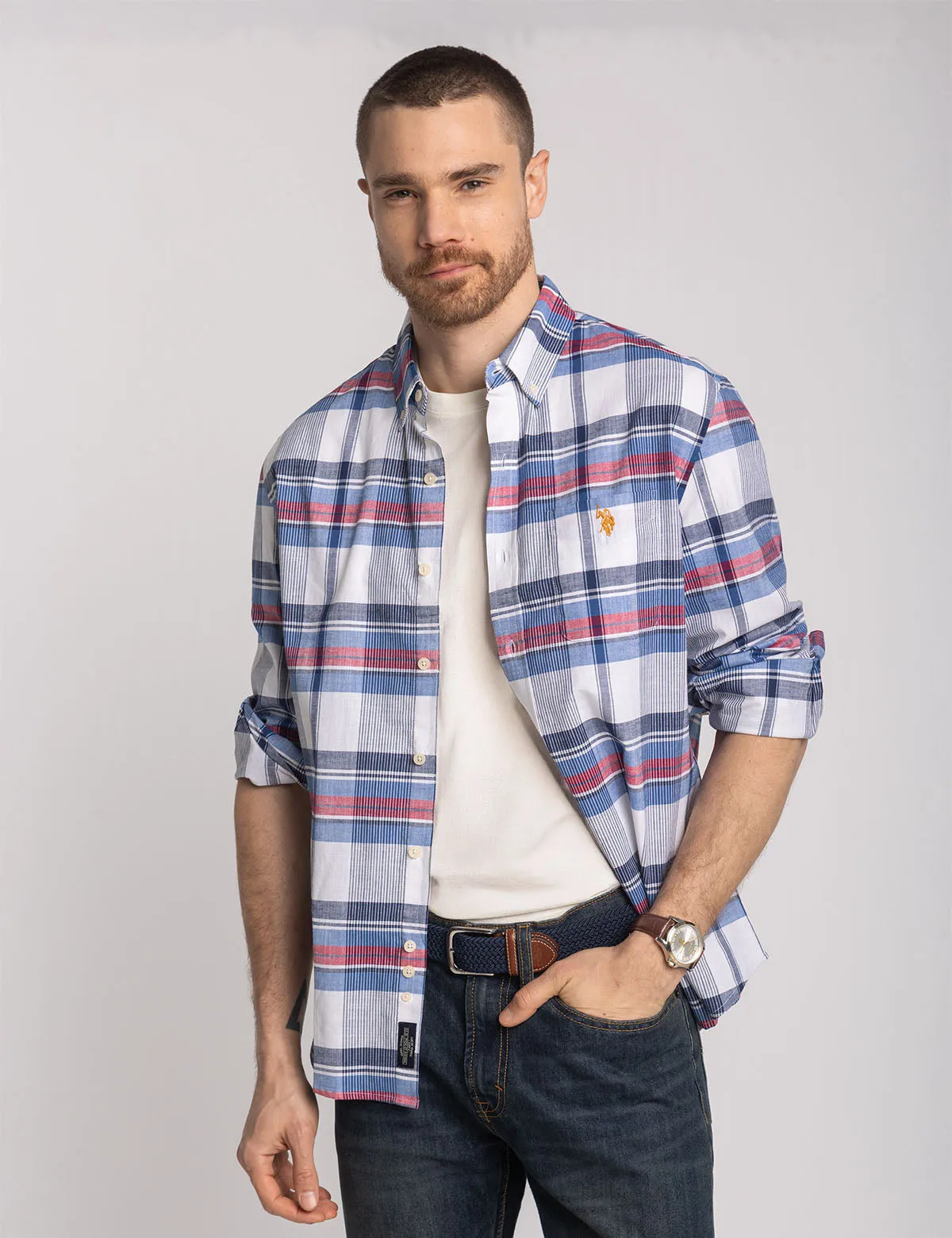 LONG SLEEVE STRETCH PLAID POPLIN SHIRT