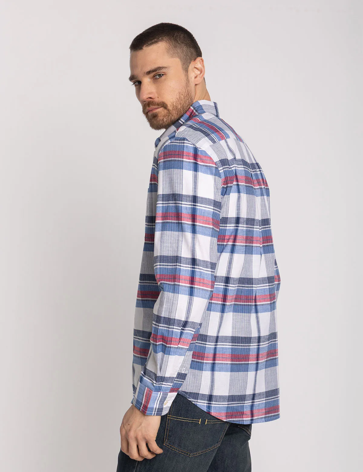 LONG SLEEVE STRETCH PLAID POPLIN SHIRT