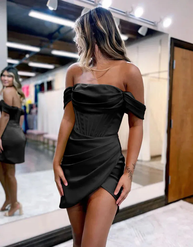 Lucy | Red Satin Off The Shoulder Short Homecoming Dress