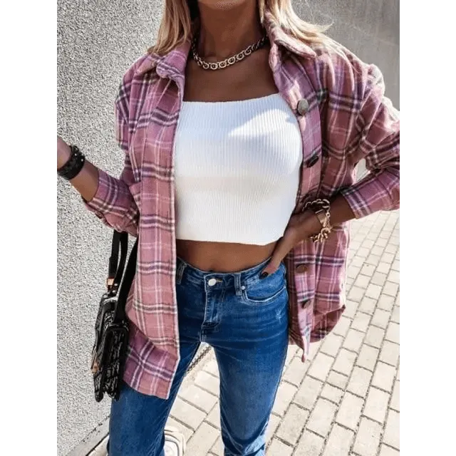 Luxurious Fashionable Women's Long Sleeve Plaid Shirt Coats Top Spring Autumn Casual Lapel Cardigan ,Jackets ,Outerwear,Streetwear