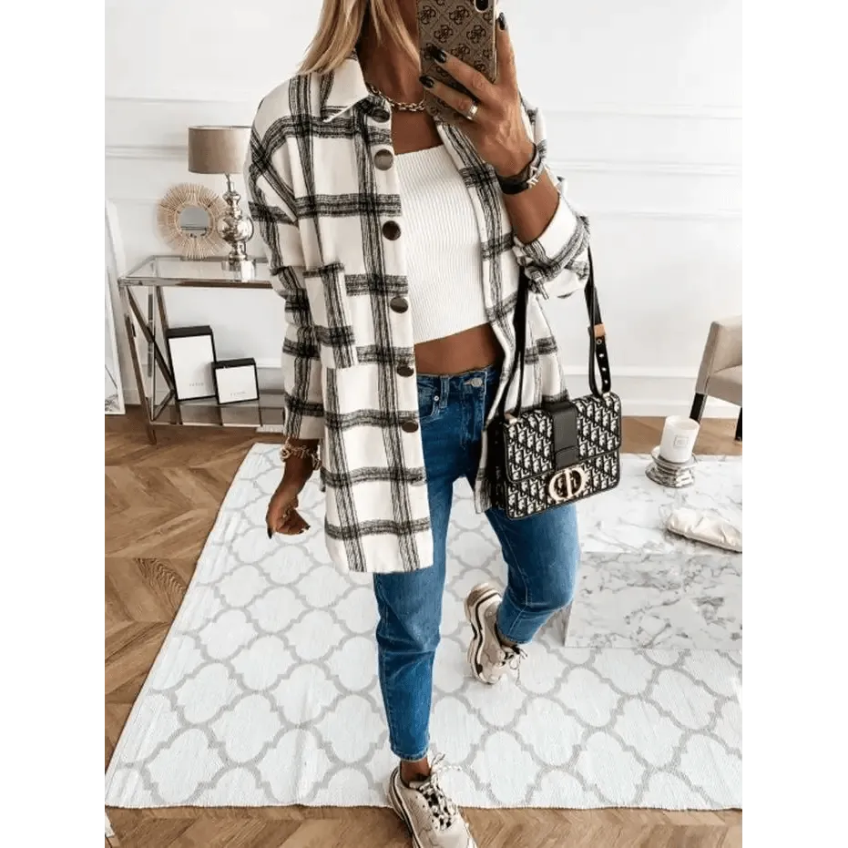 Luxurious Fashionable Women's Long Sleeve Plaid Shirt Coats Top Spring Autumn Casual Lapel Cardigan ,Jackets ,Outerwear,Streetwear
