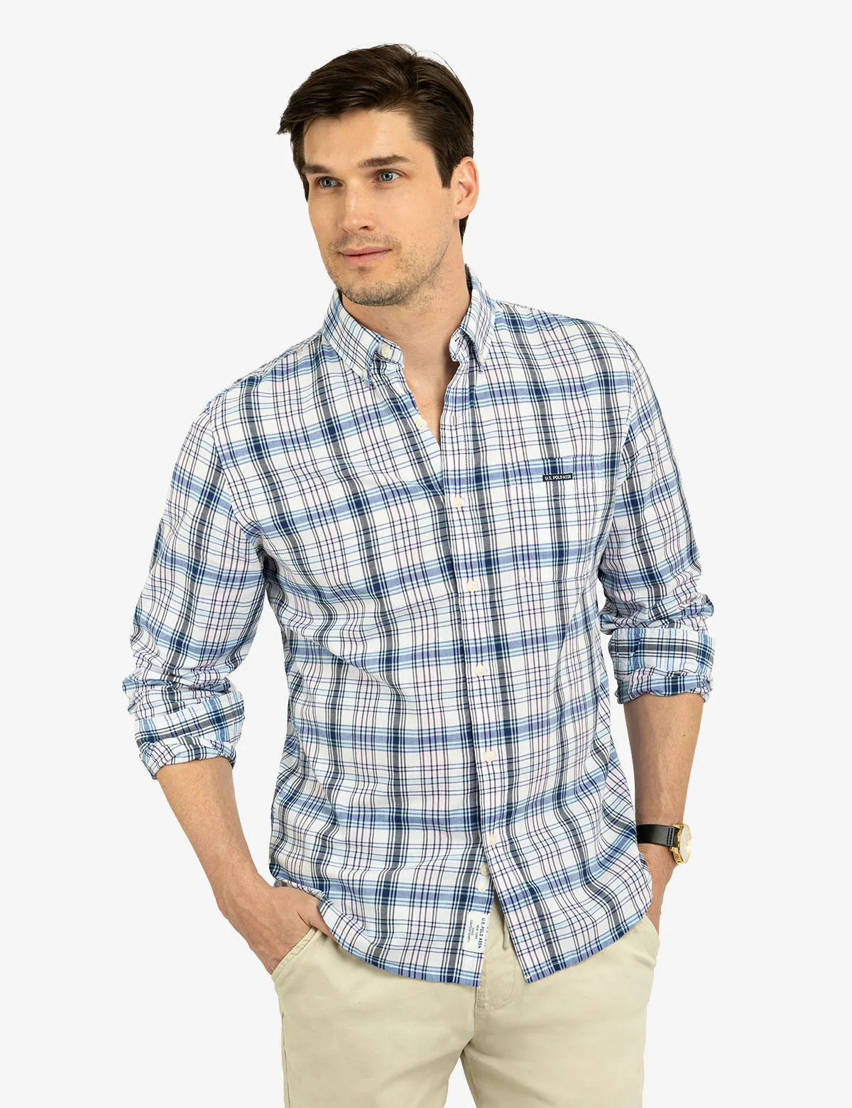 MADRAS PLAID PRINT LONG SLEEVE WOVEN SHIRT