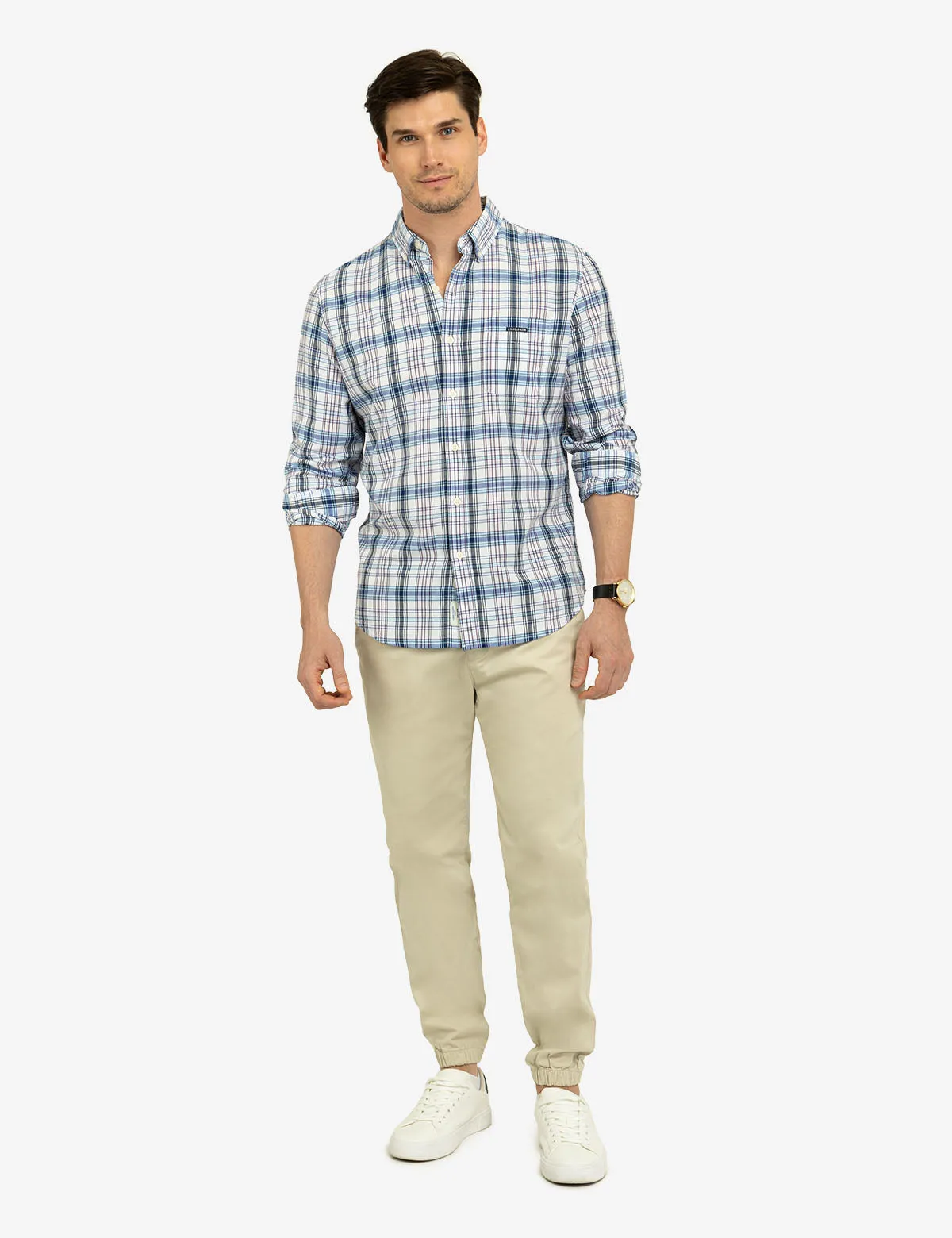 MADRAS PLAID PRINT LONG SLEEVE WOVEN SHIRT