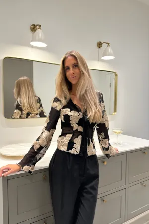 MarlyIC Mesh Top - Sort Beige Blomst