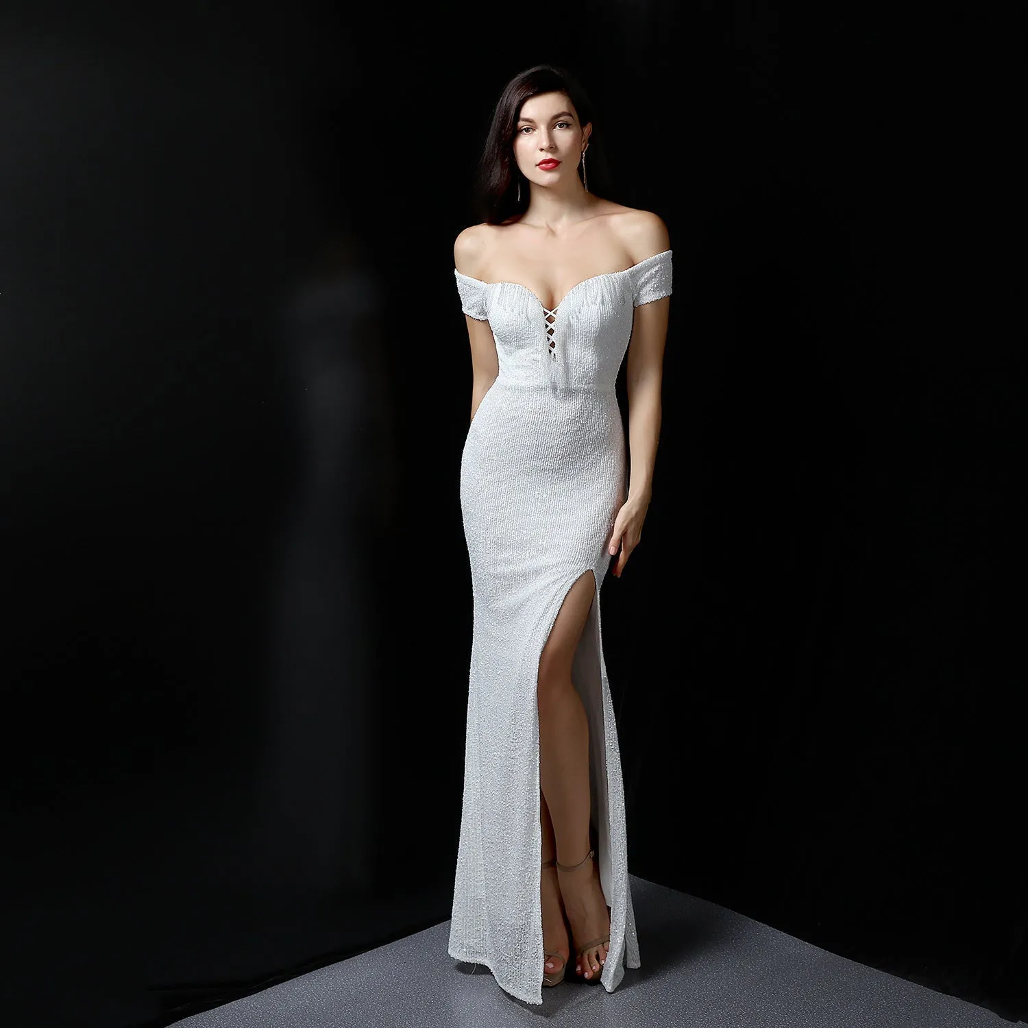 Marzia Formal Stylish Sequined Slit Dress