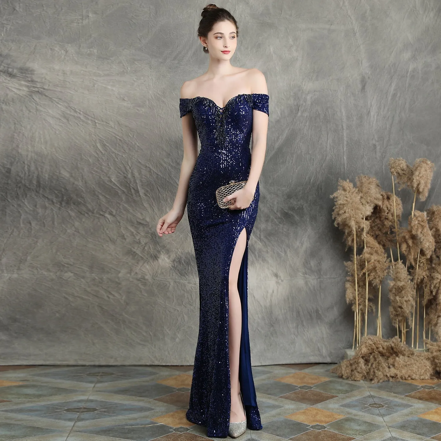 Marzia Formal Stylish Sequined Slit Dress
