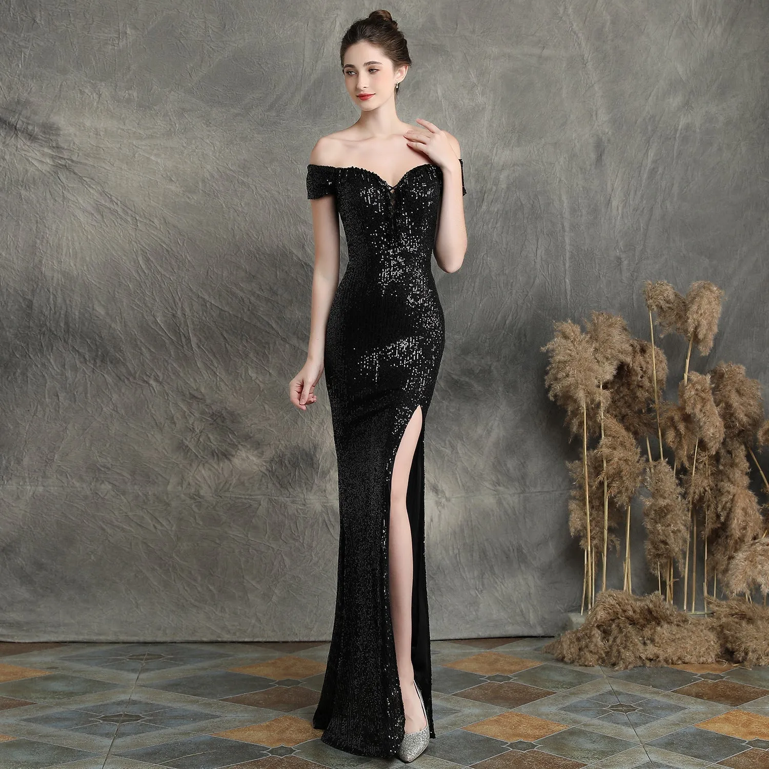 Marzia Formal Stylish Sequined Slit Dress