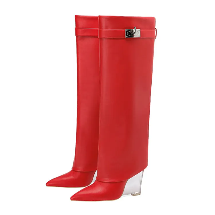 Matt Leather Knee High Trouser Clear Wedge Boots