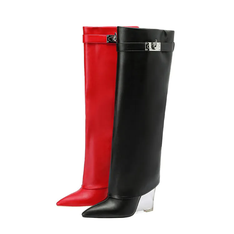 Matt Leather Knee High Trouser Clear Wedge Boots