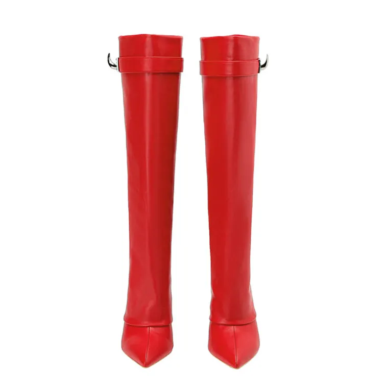 Matt Leather Knee High Trouser Clear Wedge Boots