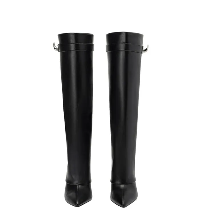 Matt Leather Knee High Trouser Clear Wedge Boots
