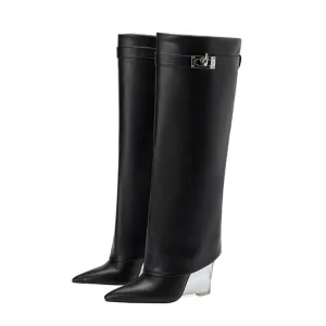 Matt Leather Knee High Trouser Clear Wedge Boots