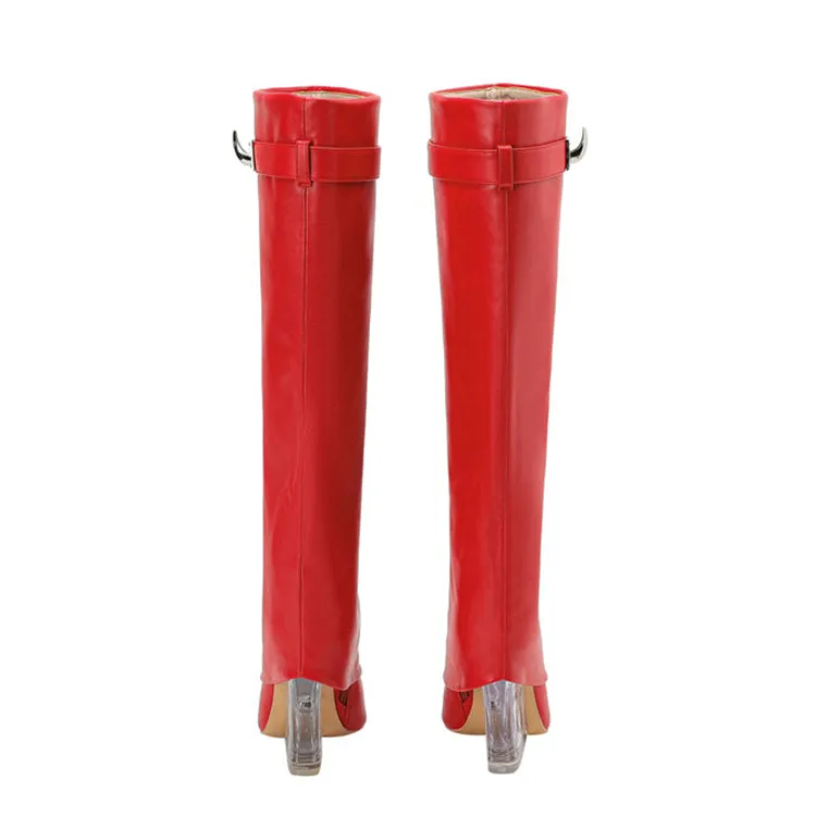 Matt Leather Knee High Trouser Clear Wedge Boots