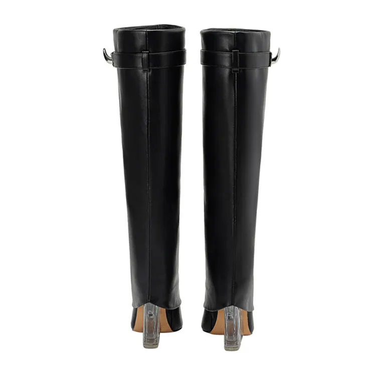 Matt Leather Knee High Trouser Clear Wedge Boots