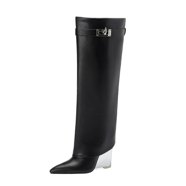 Matt Leather Knee High Trouser Clear Wedge Boots