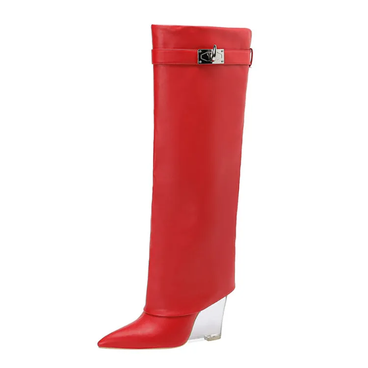 Matt Leather Knee High Trouser Clear Wedge Boots