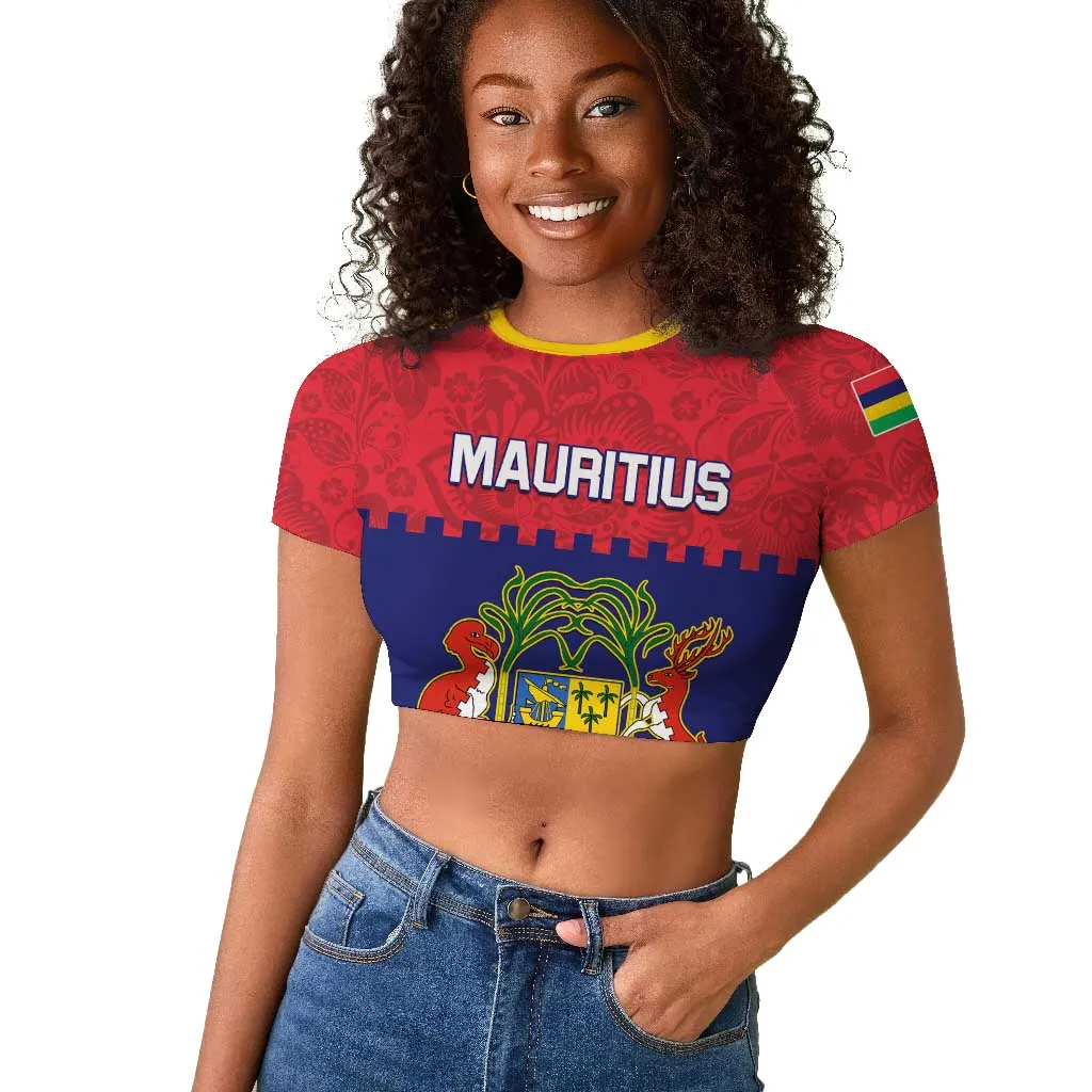 Mauritius Independence Day Raglan Cropped T shirt with Stella Clavisque Maris Indici and Floral Pattern LT01