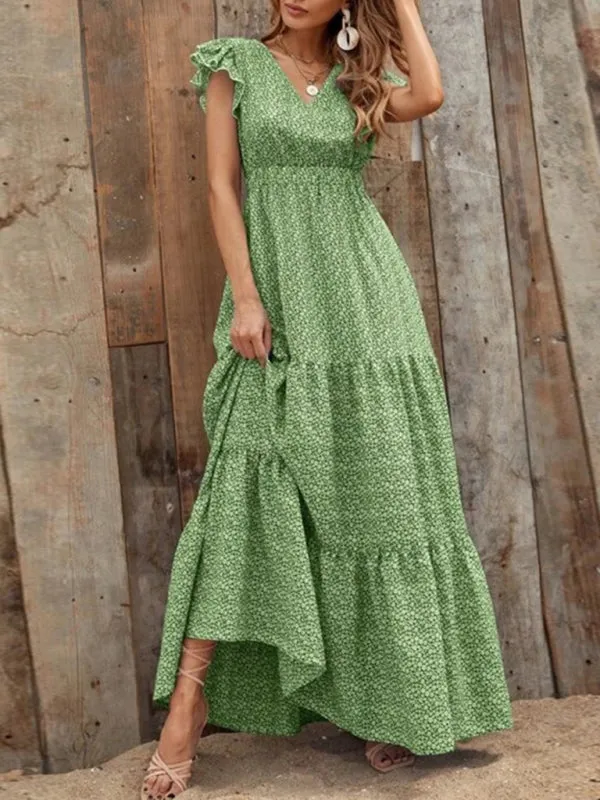 Maxi Dress with Ruffled Sleeves and Tiered Skirt