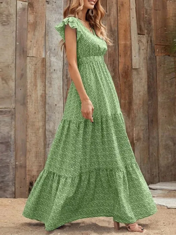 Maxi Dress with Ruffled Sleeves and Tiered Skirt