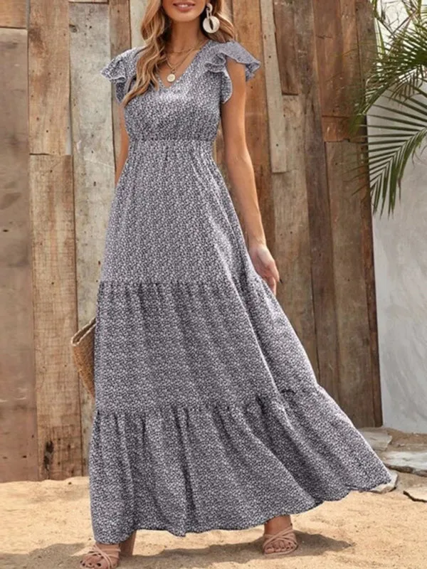 Maxi Dress with Ruffled Sleeves and Tiered Skirt